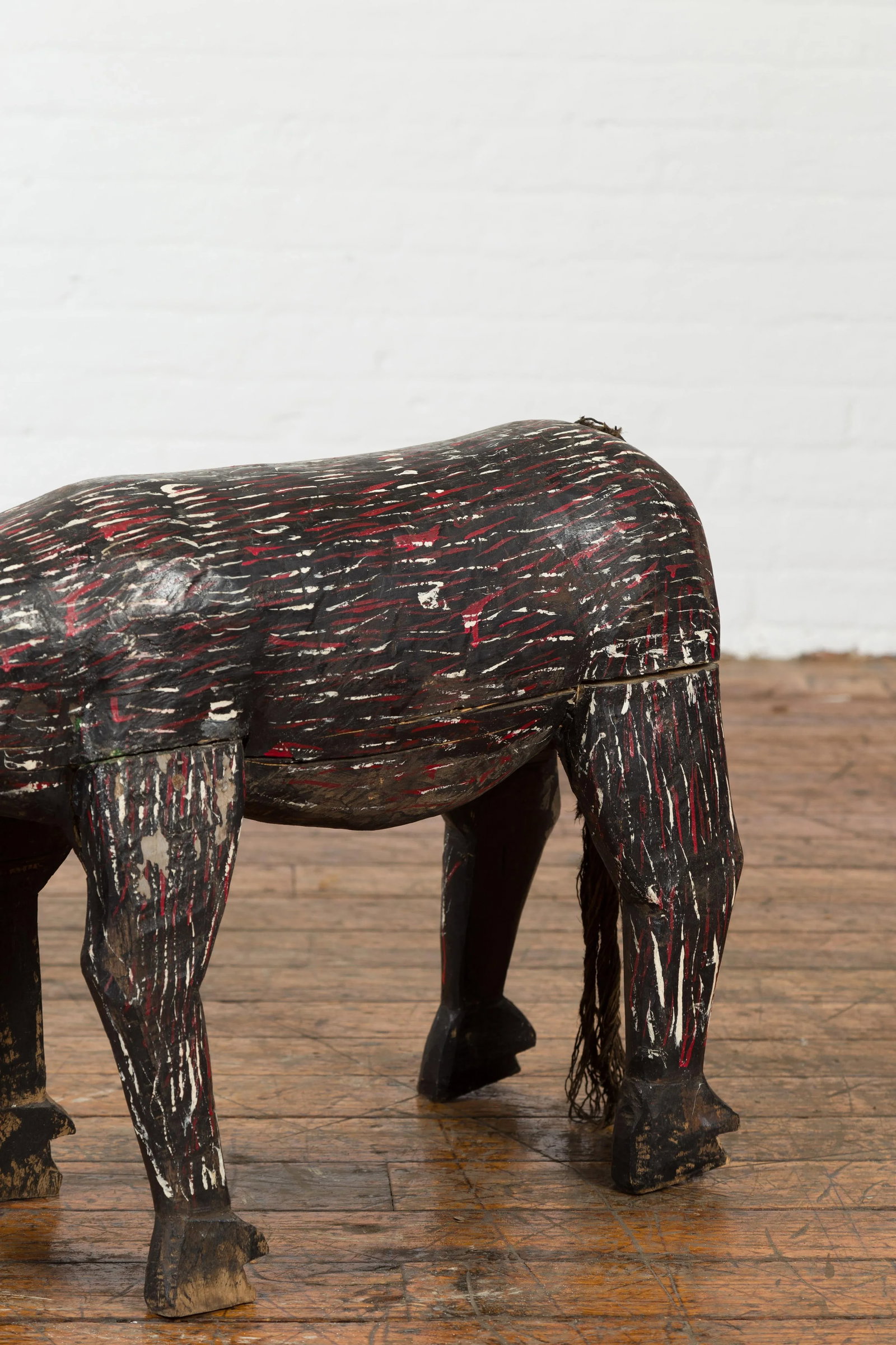 Early 20th Century Indian Hand Painted Wooden Cow with Distressed Patina - 7