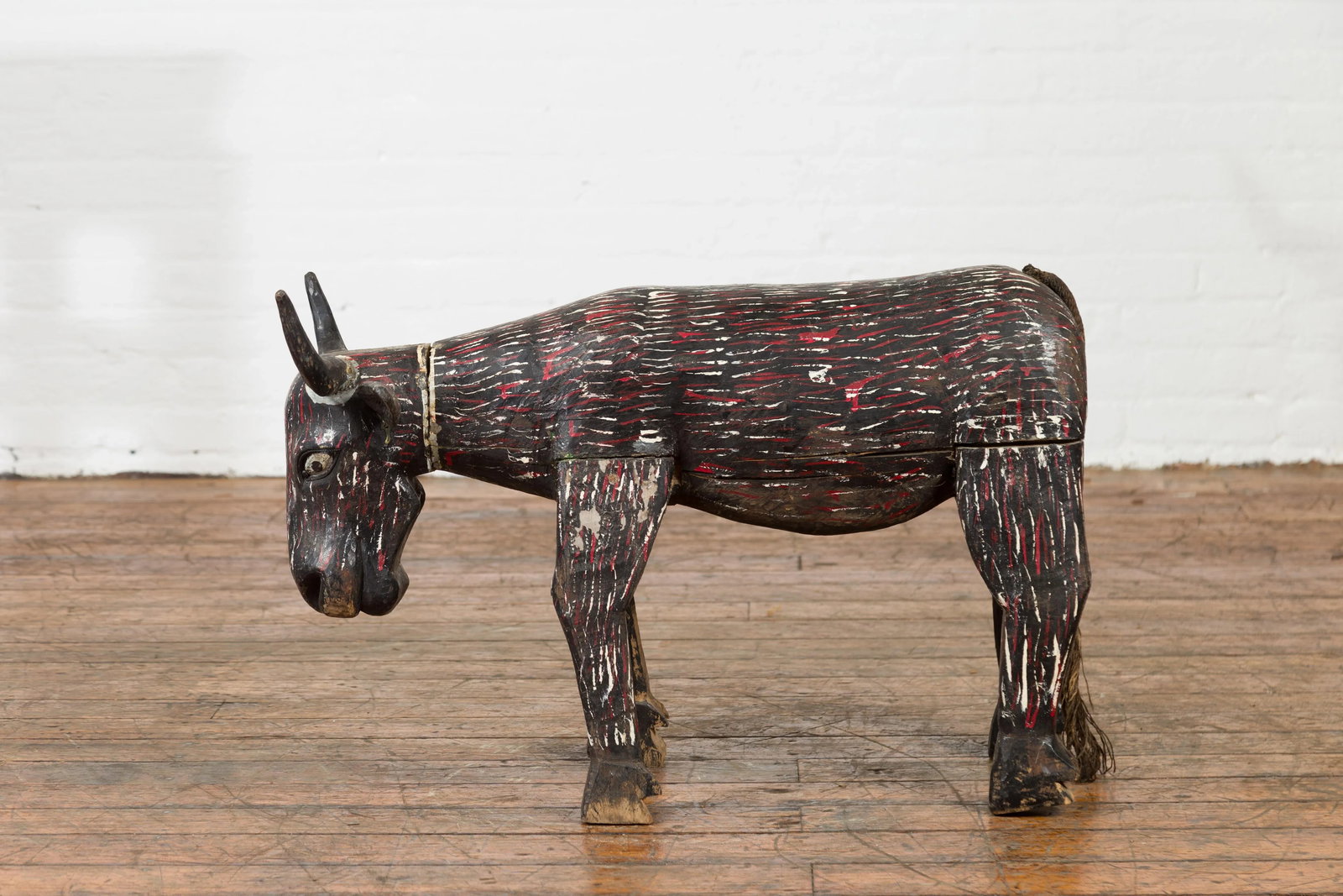 Early 20th Century Indian Hand Painted Wooden Cow with Distressed Patina - 8