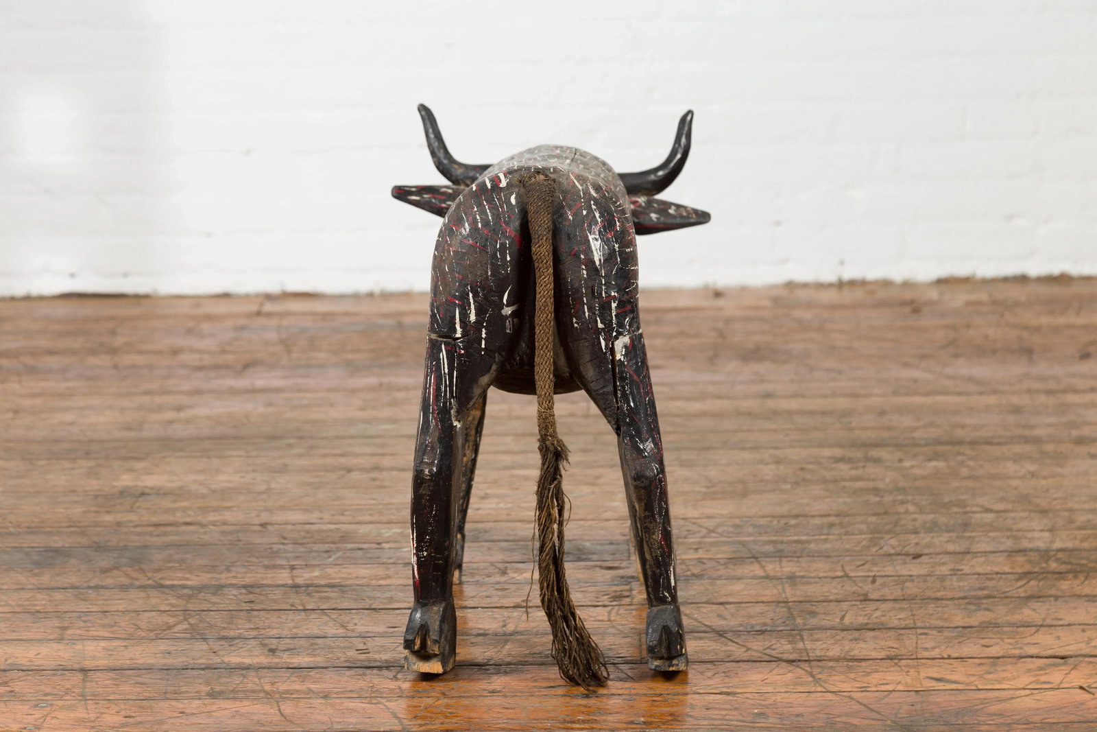 Early 20th Century Indian Hand Painted Wooden Cow with Distressed Patina - 9