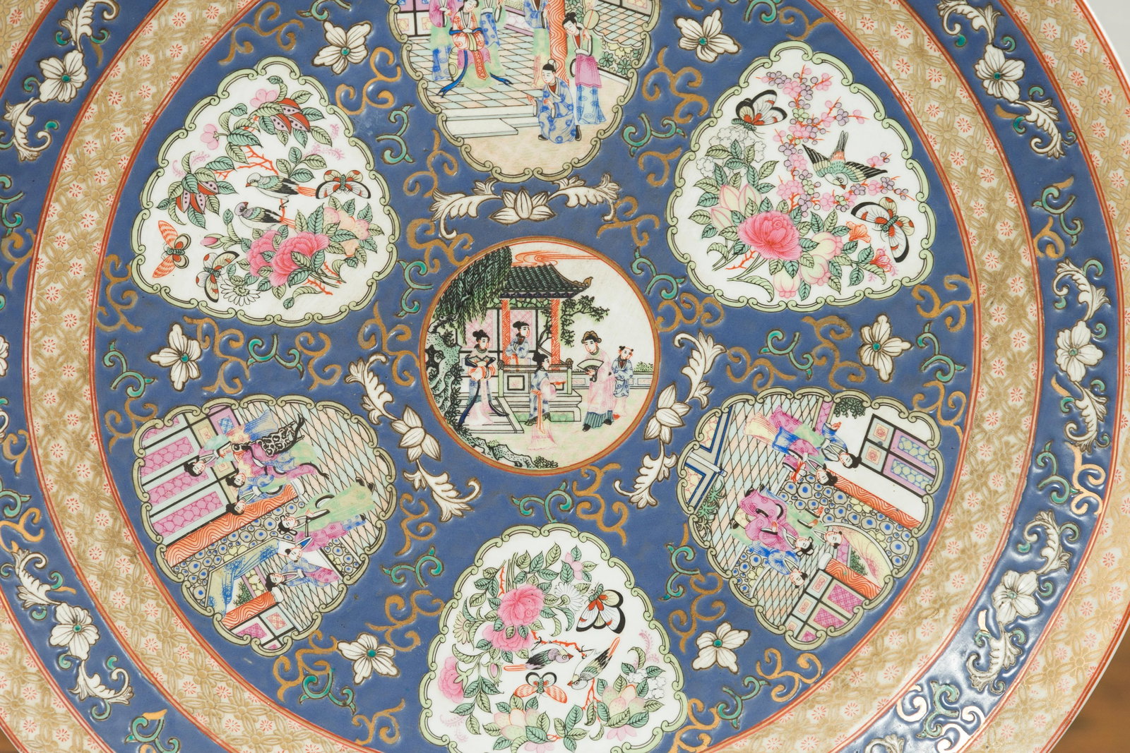 Large Chinese Rose Medallion Hand Painted Porcelain Platter with Court Scenes - 10