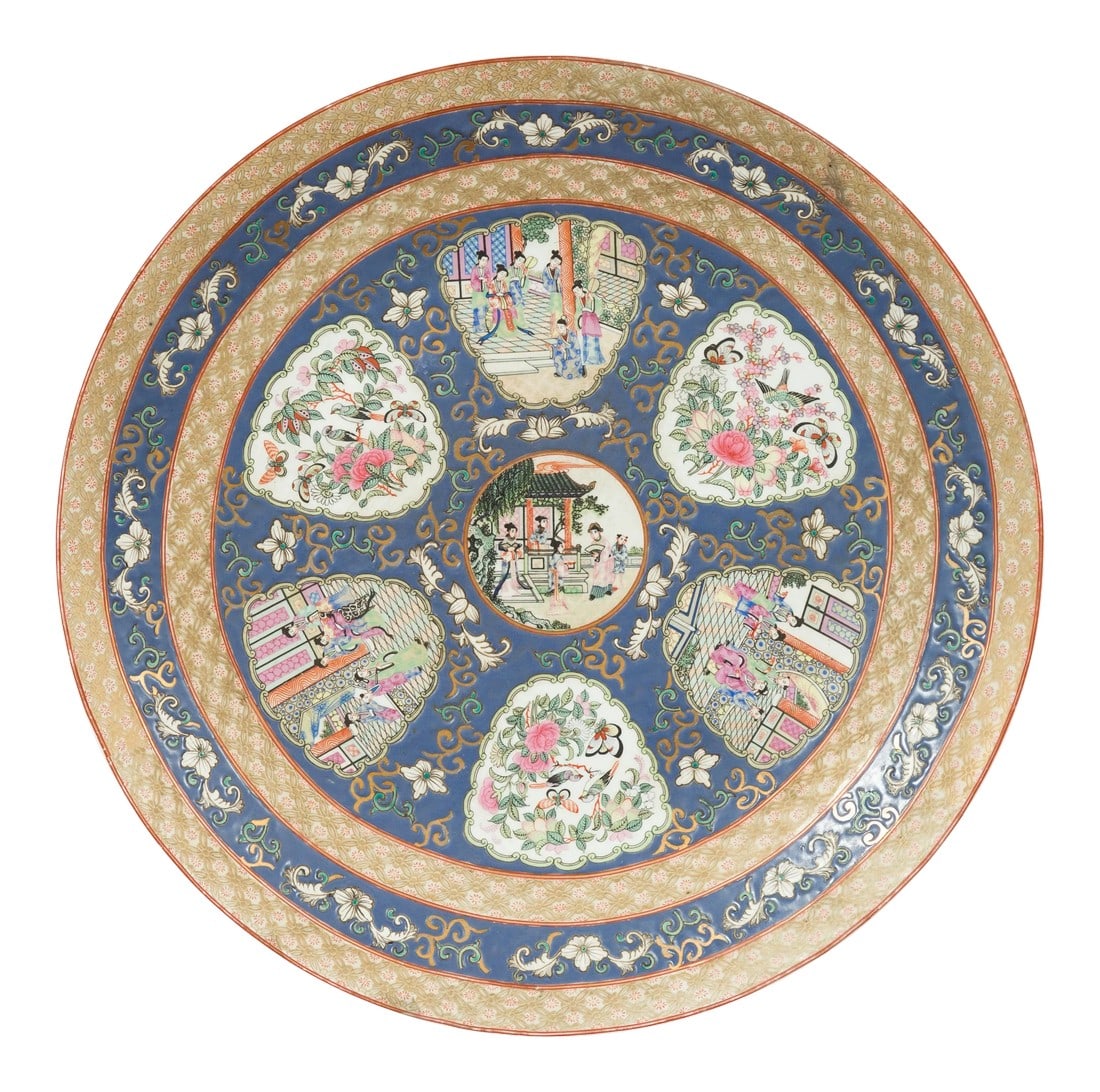 Large Chinese Rose Medallion Hand Painted Porcelain Platter with Court Scenes: A large contemporary Chinese rose medallion hand painted porcelain platter with court scenes, flowers and butterflies. Attracting our eye with its harmoniously organized decor, this round hand painted