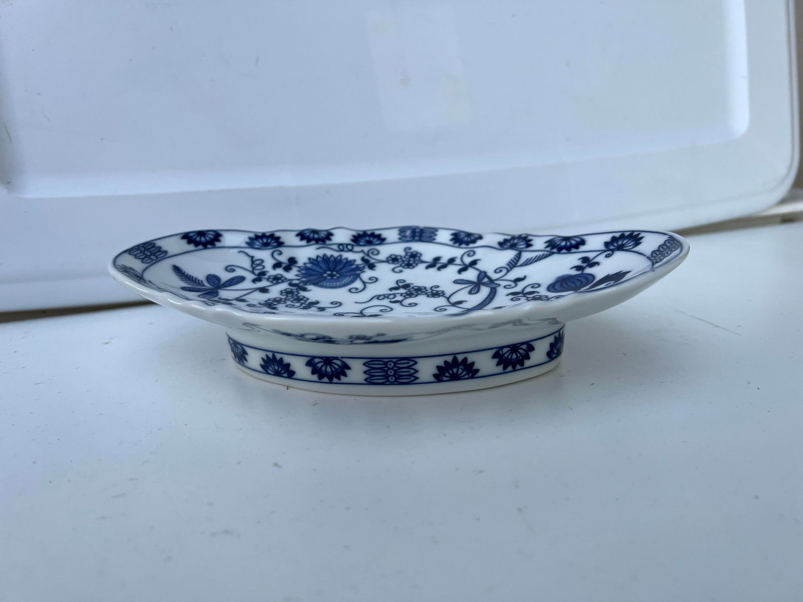 Vintage Footed Blue Onion Bowl Blue and White Diamond Shape Bowl Signed - 2