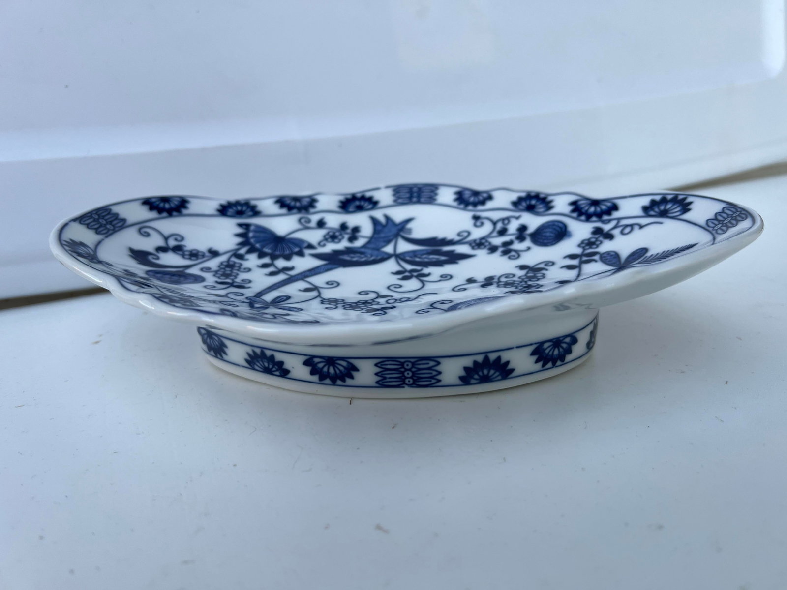Vintage Footed Blue Onion Bowl Blue and White Diamond Shape Bowl Signed - 3