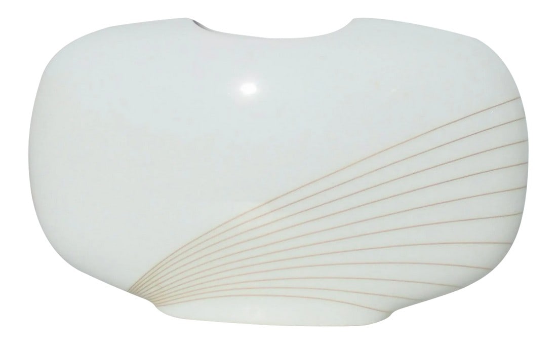 Hutschenreuther Gold and White Porcelain Vase Vintage 1980s': Beautiful white oval vase with graphic golden rays on an asymmetrical spray across the flat sides of the vase. Converging at the lower corner and making a gold spine up one thin end and a clear
