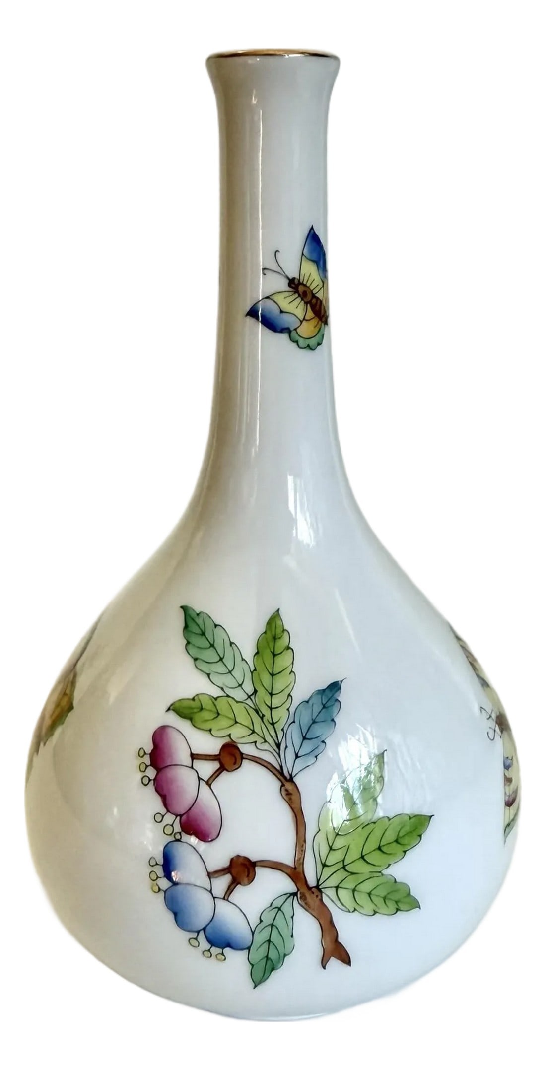 Herend Queen Victoria Hand-Painted Butterfly and Floral Porcelain Bud Vase: Here is a gorgeous, porcelain bud vase made by Herend featuring hand-painted butterflies and flowers from the Queen Victoria commissioned pattern. It is a classic design dating back to the 1850's. Tod