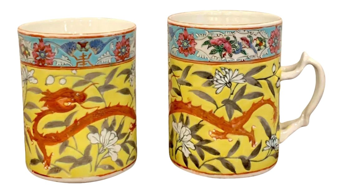 19th Century Chinese Export Famille Verte Yellow Dragon Motif Mugs - a Pair: Pair of 19th century Chinese Export Famille Verte yellow Dragon motif mugs, Each one decorated with a four toed dragon within a yellow floral background. Each one measures 4.75" high x 3.5" diameter,