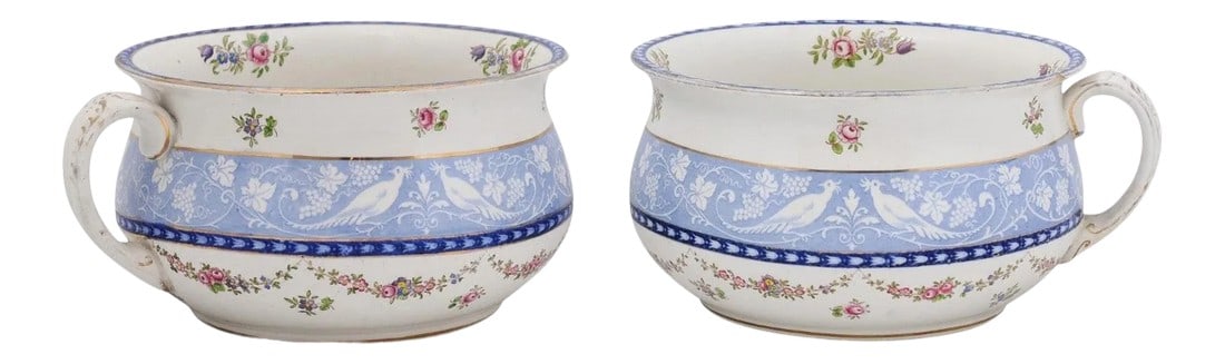 English Booths Blue & White China Bowls Produced for Harrods in London - a Pair: A pair of booths blue and white China bowls produced for Harrods in London, with birds and garlands of flowers, from the early 20th century. Created in England for Harrods by Booths who became known f