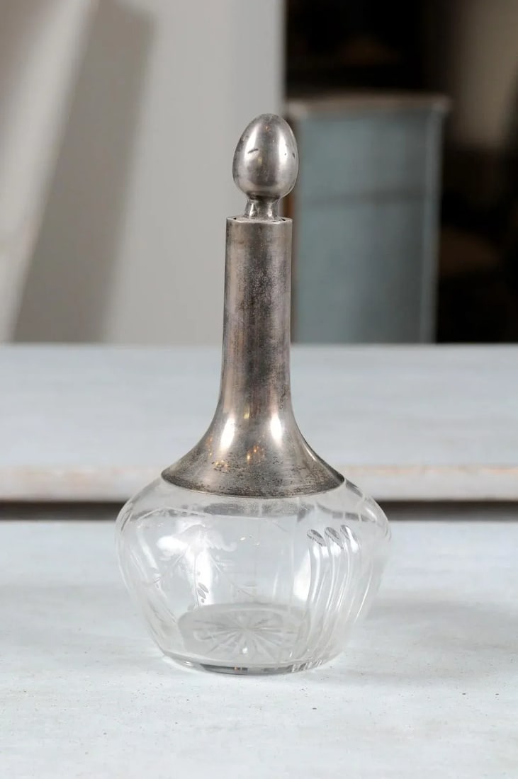 Danish Crystal and Silver Decanter with Stopper and Foliage Engraved Body - 2