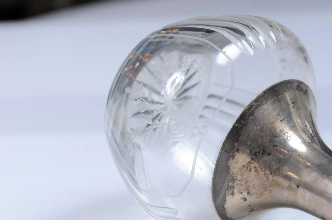 Danish Crystal and Silver Decanter with Stopper and Foliage Engraved Body - 3