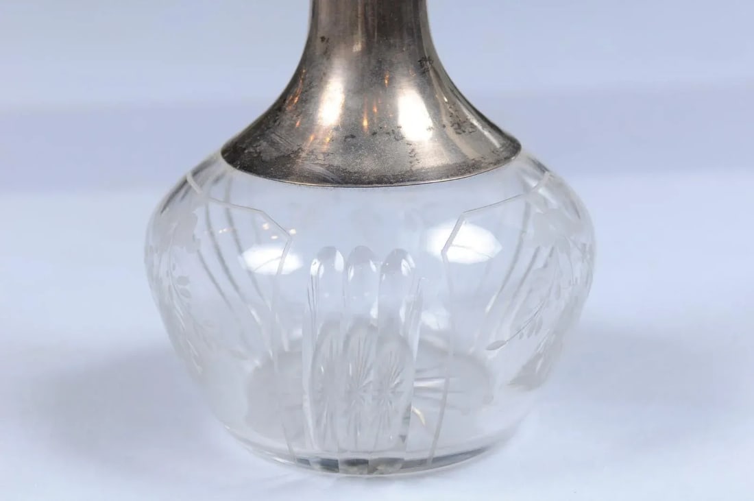 Danish Crystal and Silver Decanter with Stopper and Foliage Engraved Body - 4