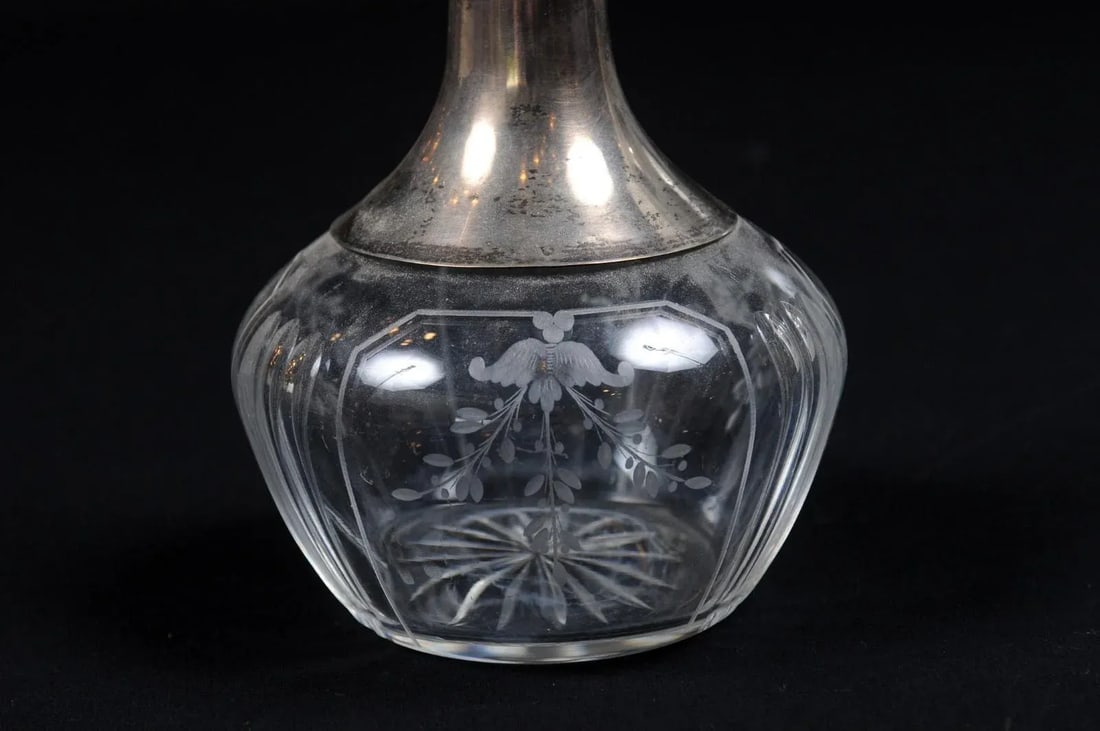 Danish Crystal and Silver Decanter with Stopper and Foliage Engraved Body - 6