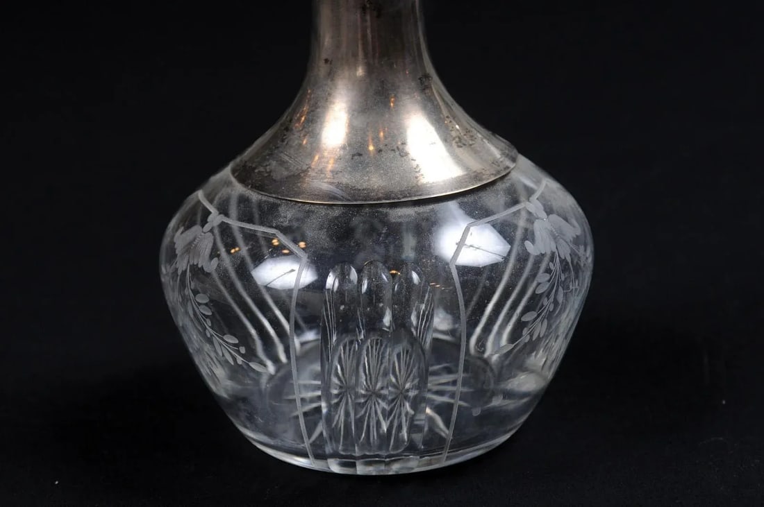 Danish Crystal and Silver Decanter with Stopper and Foliage Engraved Body - 7