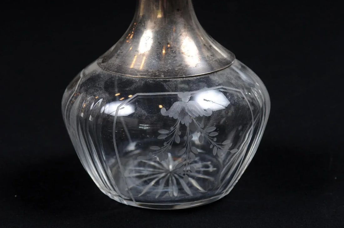 Danish Crystal and Silver Decanter with Stopper and Foliage Engraved Body - 8