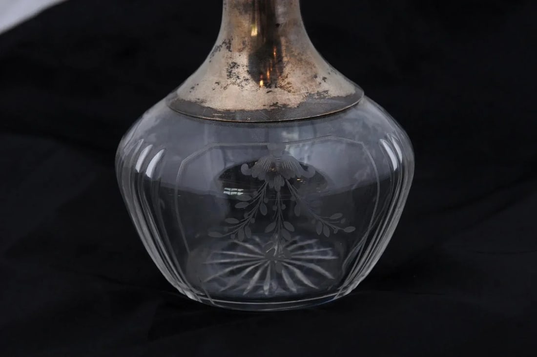 Danish Crystal and Silver Decanter with Stopper and Foliage Engraved Body - 9