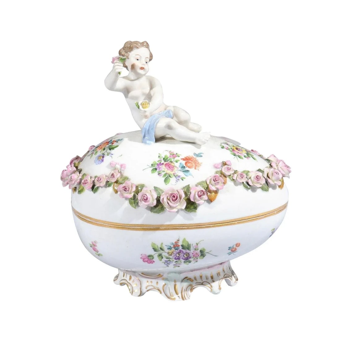 French Sèvres 19th Century Porcelain Egg with Putto and Garland of Pink Roses - 12