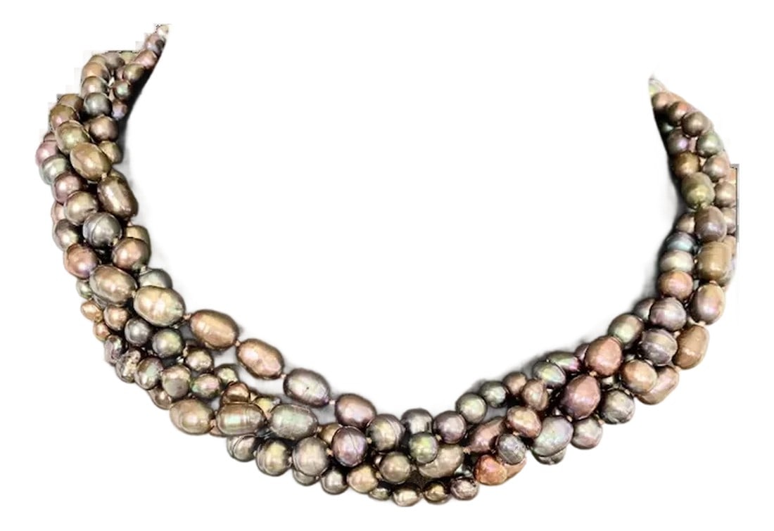 Late 20th Century Freshwater Peacock Pearl Necklace: Gorgeous five strand peacock freshwater pearl necklace. Very versatile, accented with round, oval and different shapes of pearls measuring 5-8mm. Can be worn twisted or straight. Features a beautiful