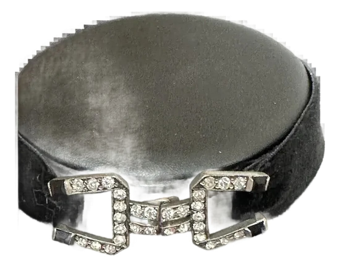 1940s Rhinestone Choker: I fell in love with vintage buckles and decided to upcycle them into chokers. This one is a fabulous 1940s buckle with black and clear rhinestones. The ribbon has elastic in it and measures 1". The