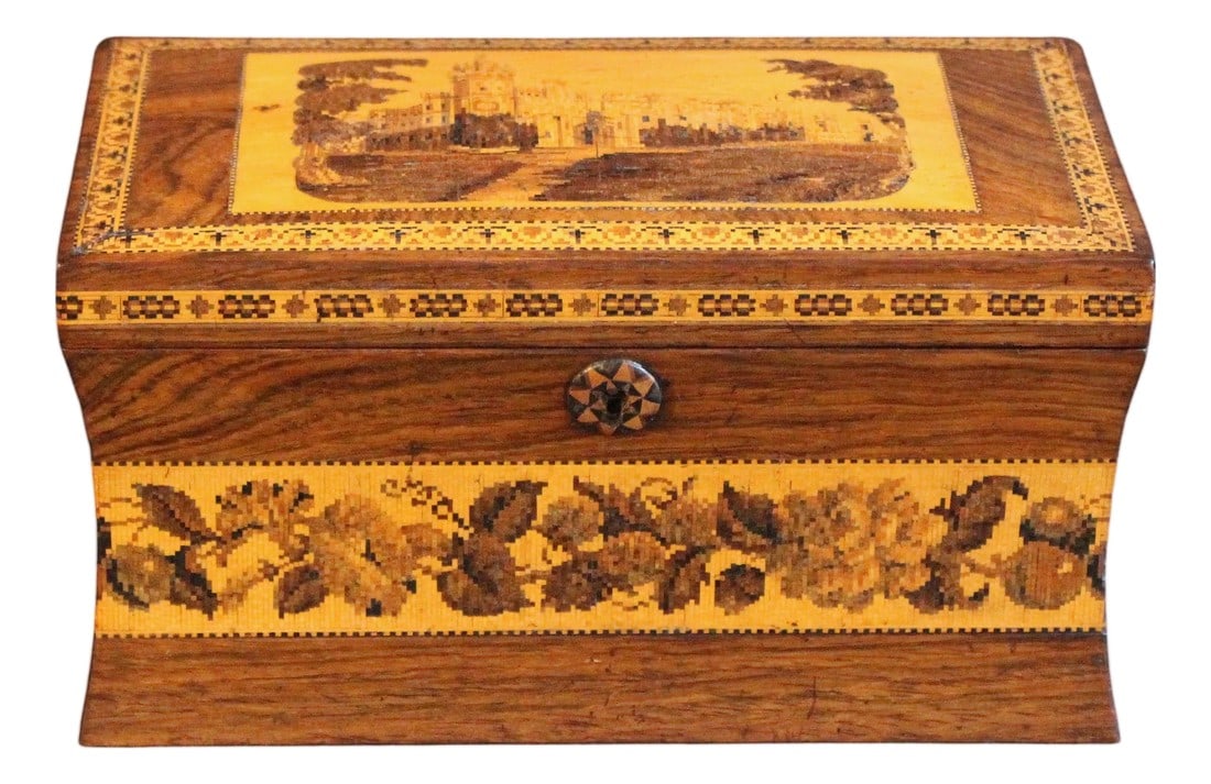Circa 1850-60 English Tunbridge Ware Tea Caddy Box: Circa 1850-60 Tunbridge Ware Tea Caddy Box, English. Featuring Eridge Castle on the lid. Two interior lidded wells for tea. Old label on bottom: Eridge Castle, Sussex. Micro mosaic bands including a w