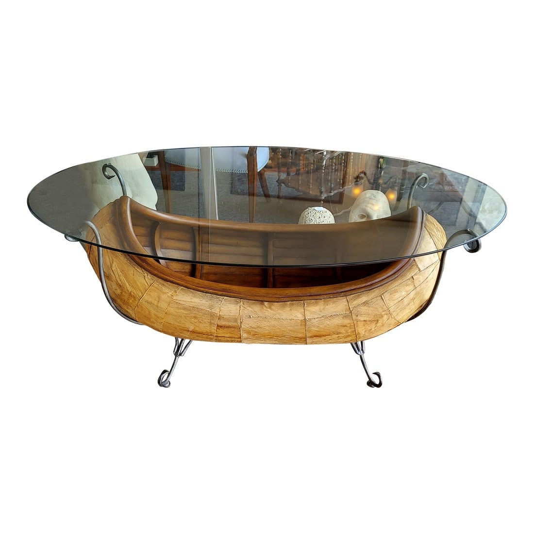 1970 Vintage Canoe Wrought Iron, Wood & Glass Coffee Table: 1970s Vintage Wrought Iron, Wood and Glass Canoe Coffee Table This vintage wrought iron, wood and glass top canoe coffee table is in great condition as you can see by the photos. It retains the
