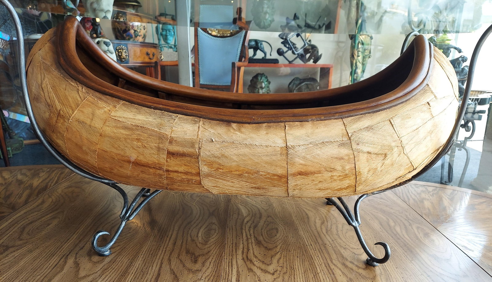 1970 Vintage Canoe Wrought Iron, Wood & Glass Coffee Table - 2