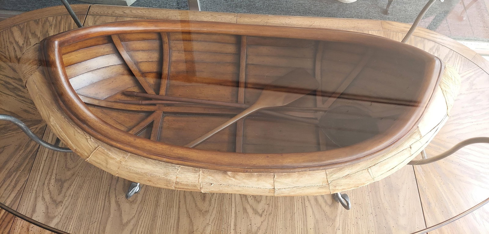 1970 Vintage Canoe Wrought Iron, Wood & Glass Coffee Table - 3