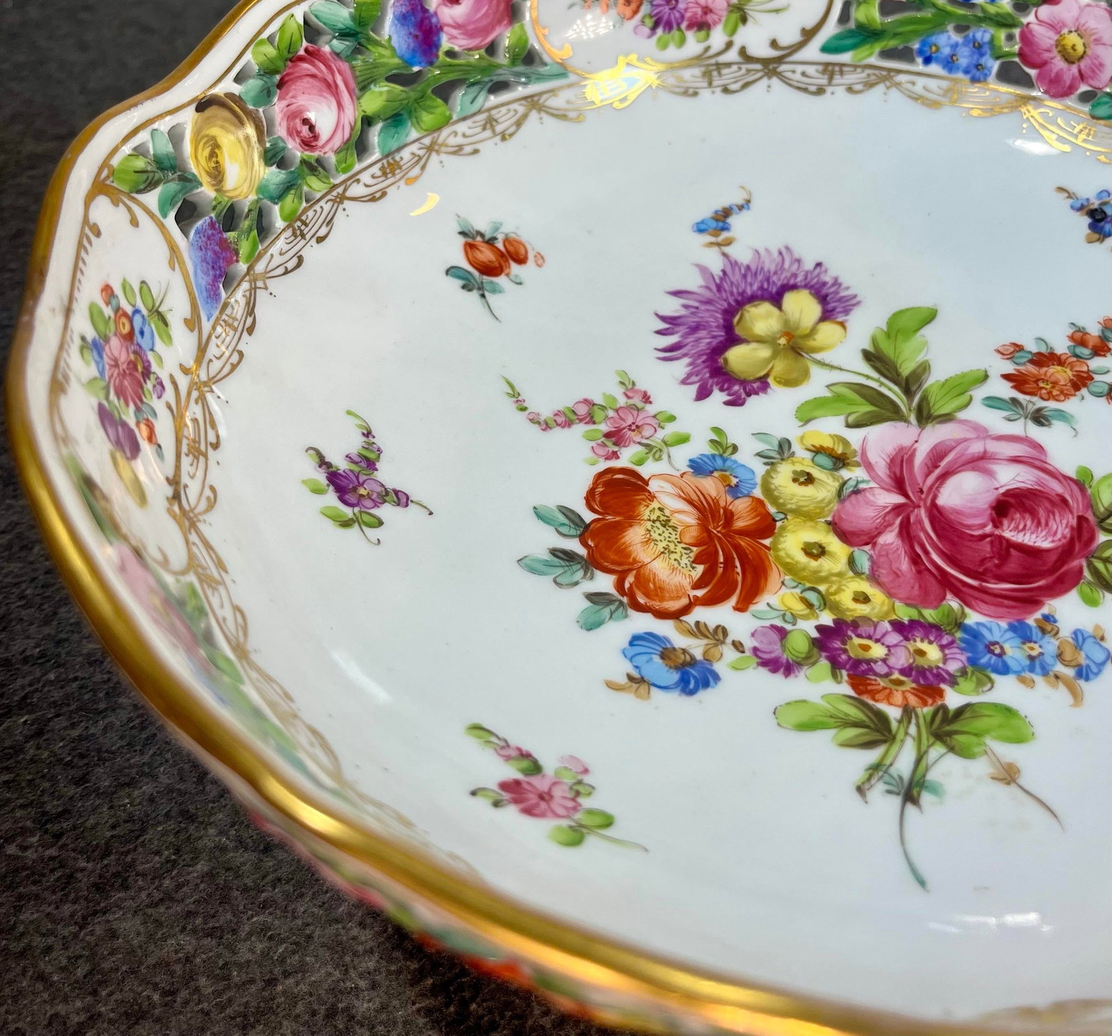 Antique Dresden Footed Reticulated Porcelain Bowl - 3