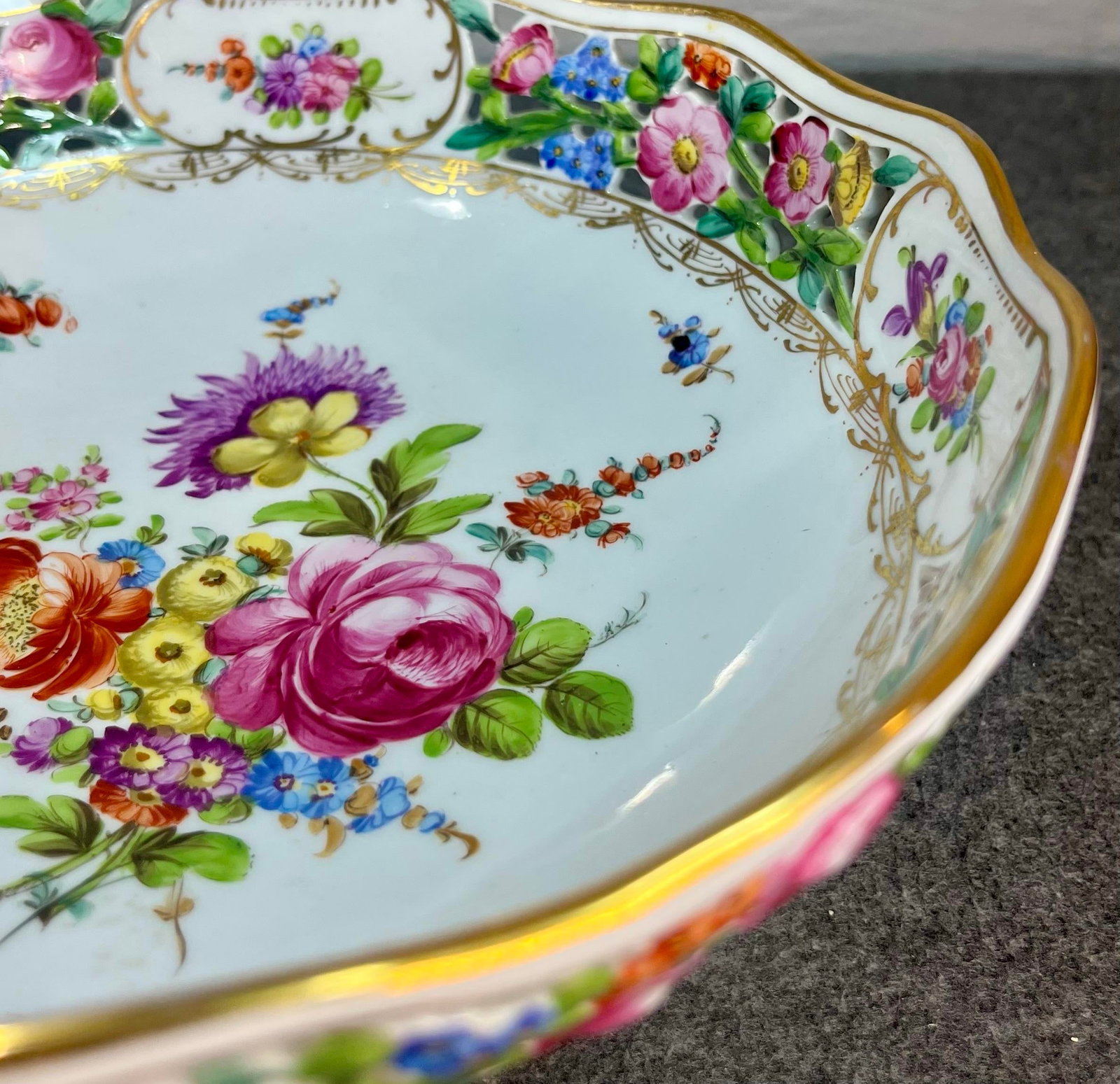 Antique Dresden Footed Reticulated Porcelain Bowl - 6