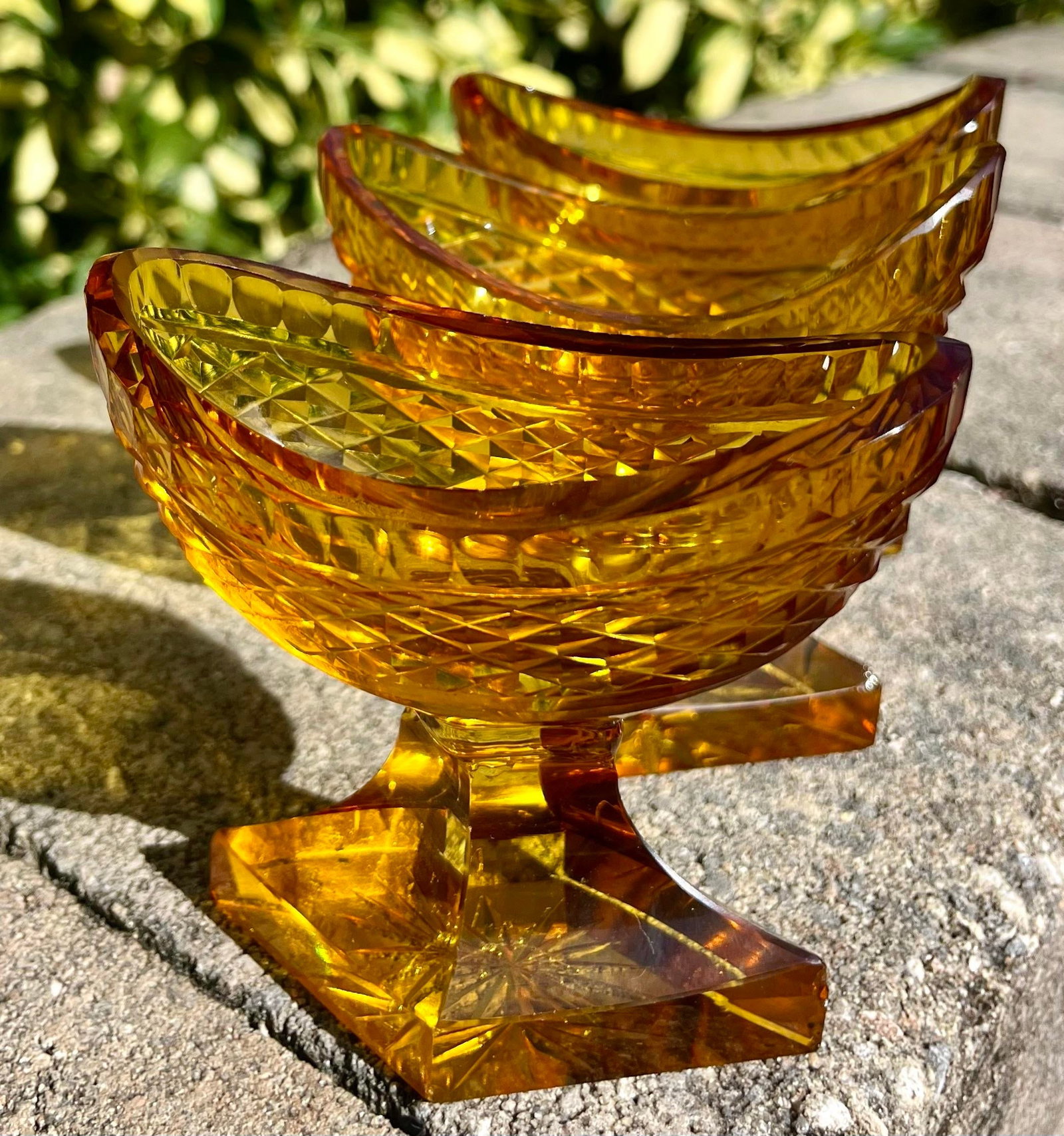 (3) Antique Anglo-Irish Cut Crystal Amber Glass Salt Cellars - 7