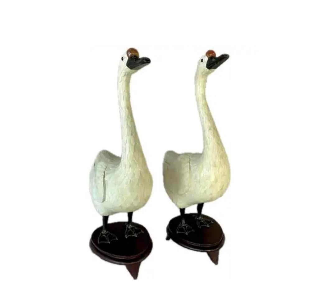 Chinese Hand-Cut Tessellated Bone Veneered Geese, a Pair - 16