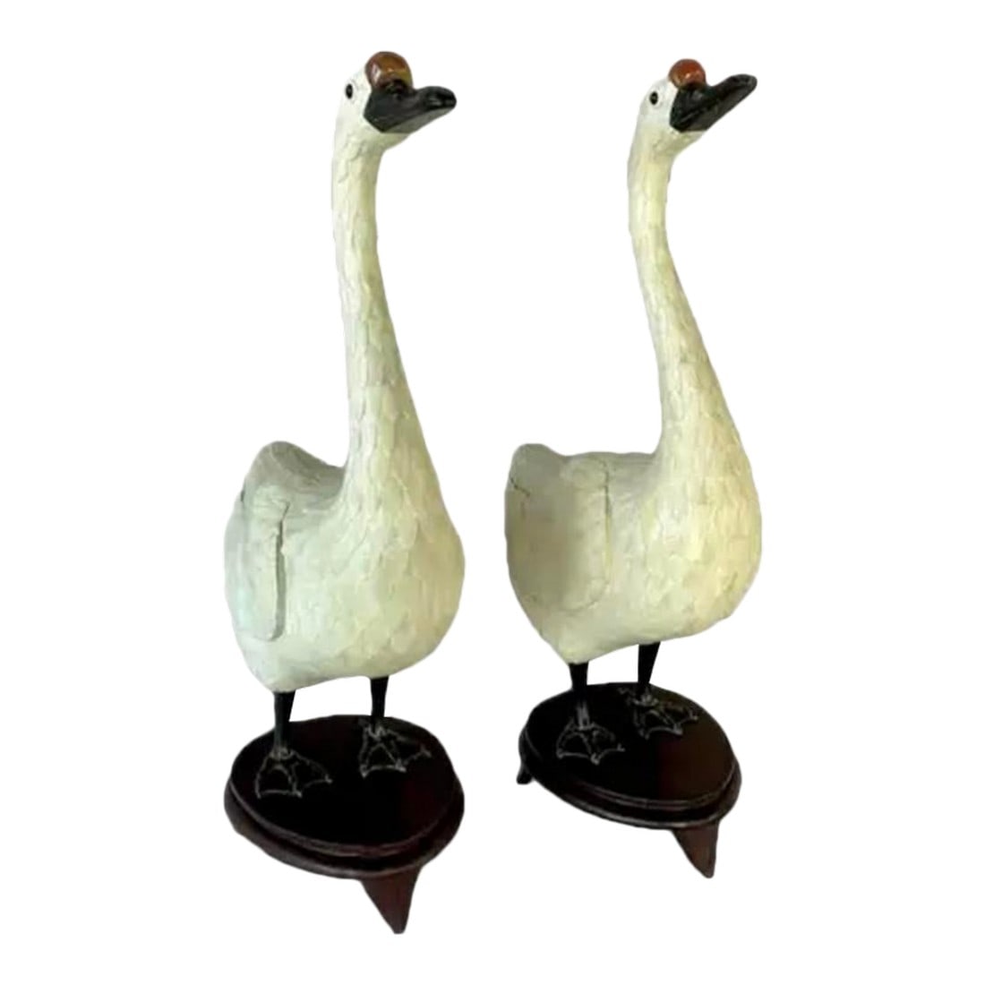 Chinese Hand-Cut Tessellated Bone Veneered Geese, a Pair: A Large Pair of Chinese Tessellated Bone Veneered Geese Sculptures with hand-cut bone veneer arranged in overlapping feather-like scales. Each goose features a gracefully elongated neck and a serene