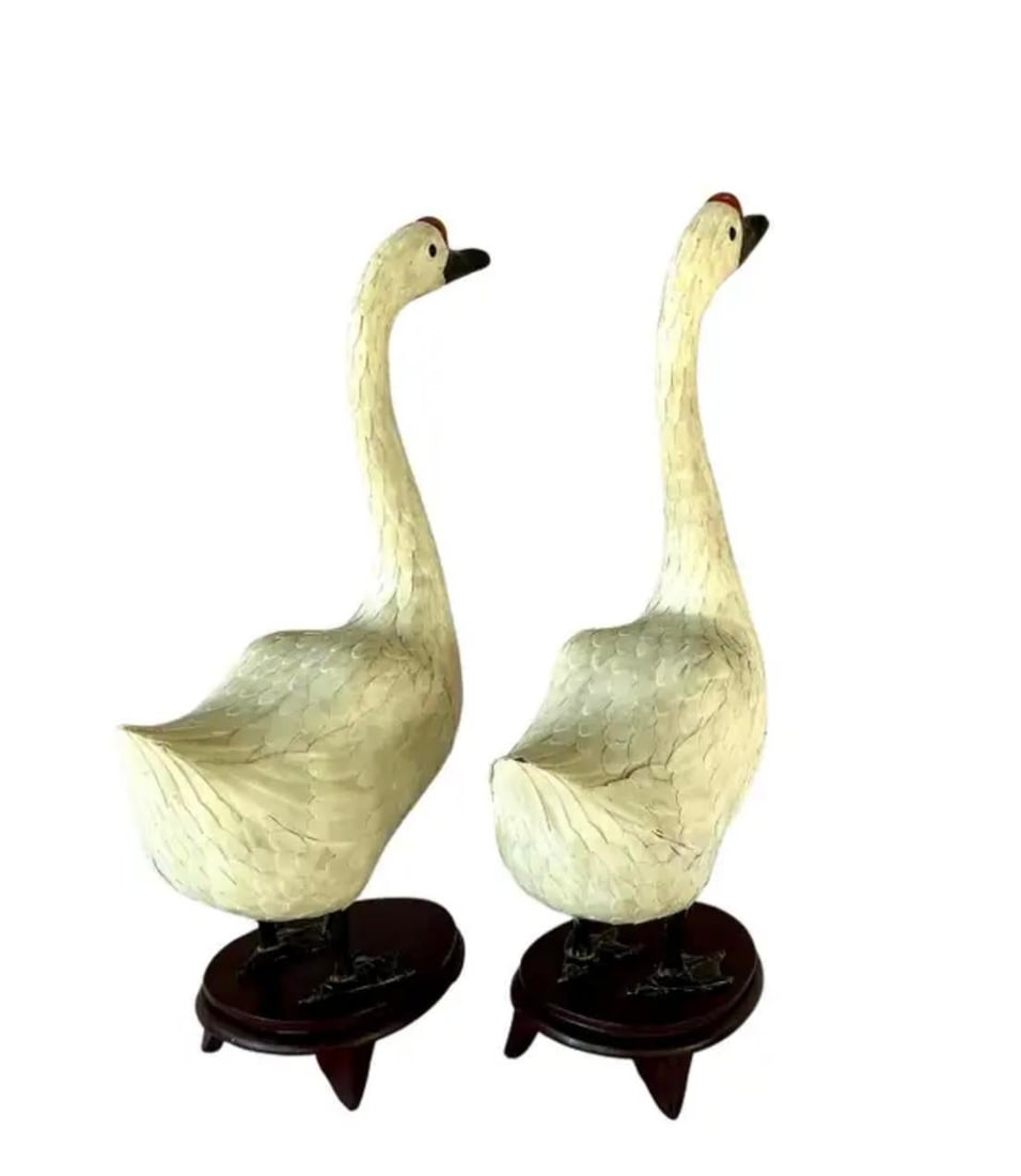 Chinese Hand-Cut Tessellated Bone Veneered Geese, a Pair - 3