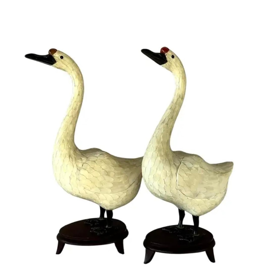 Chinese Hand-Cut Tessellated Bone Veneered Geese, a Pair - 4