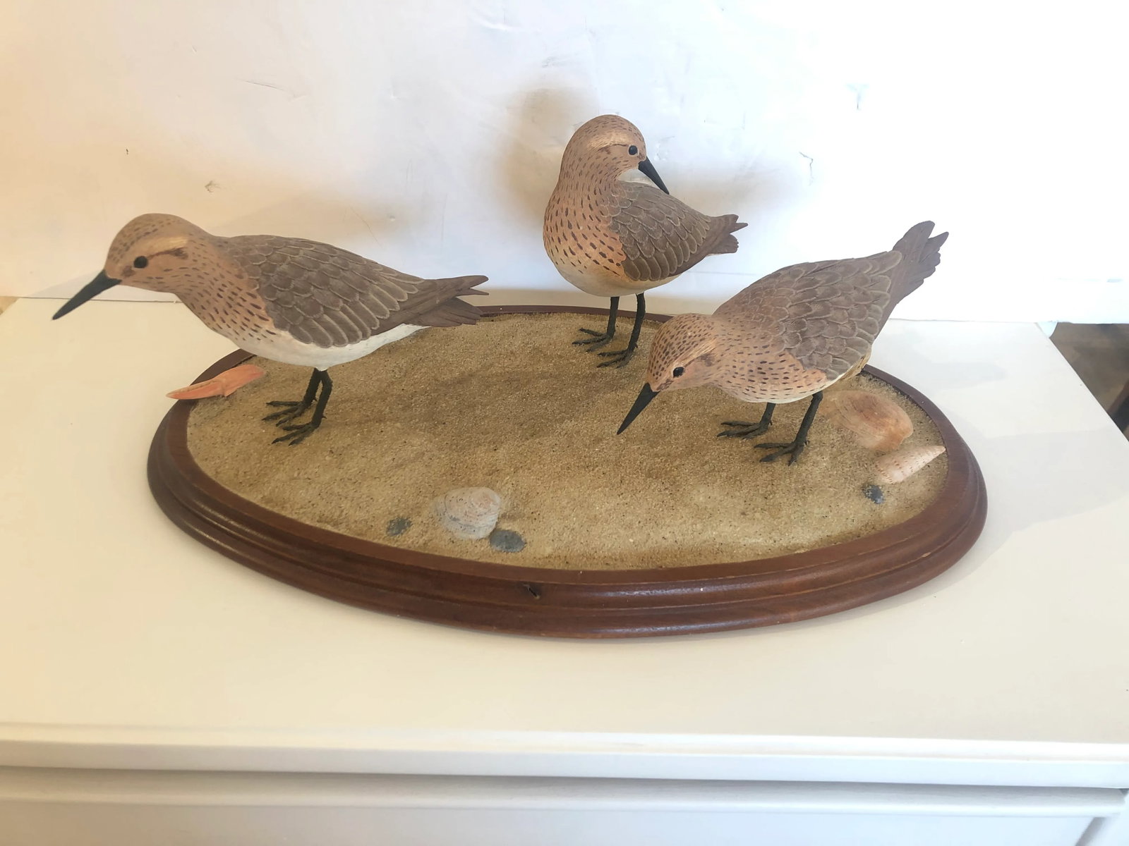 Nantucket Oval Tabletop Sculpture of Carved Wood Sandpipers on the Beach - 11