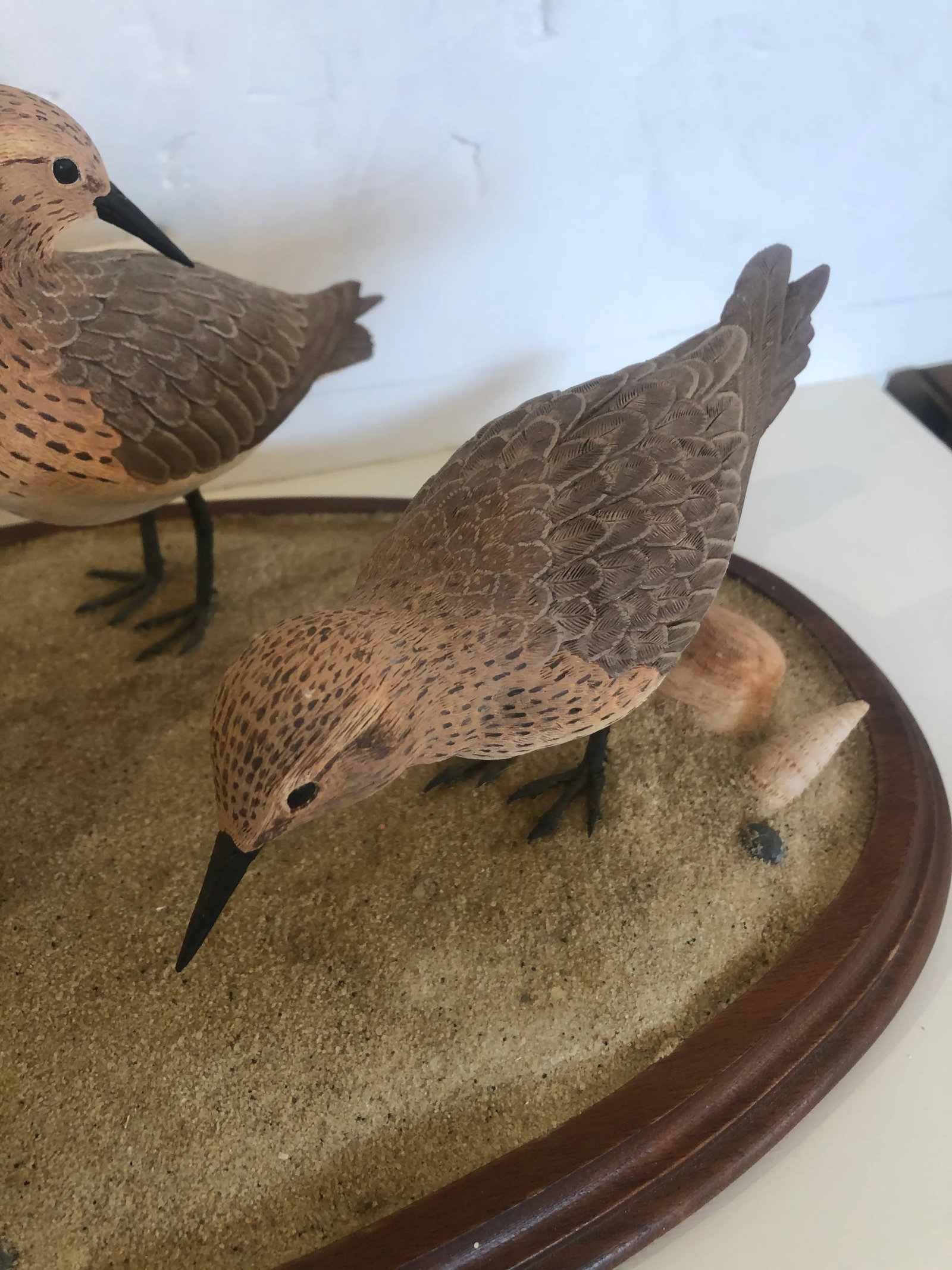 Nantucket Oval Tabletop Sculpture of Carved Wood Sandpipers on the Beach - 3
