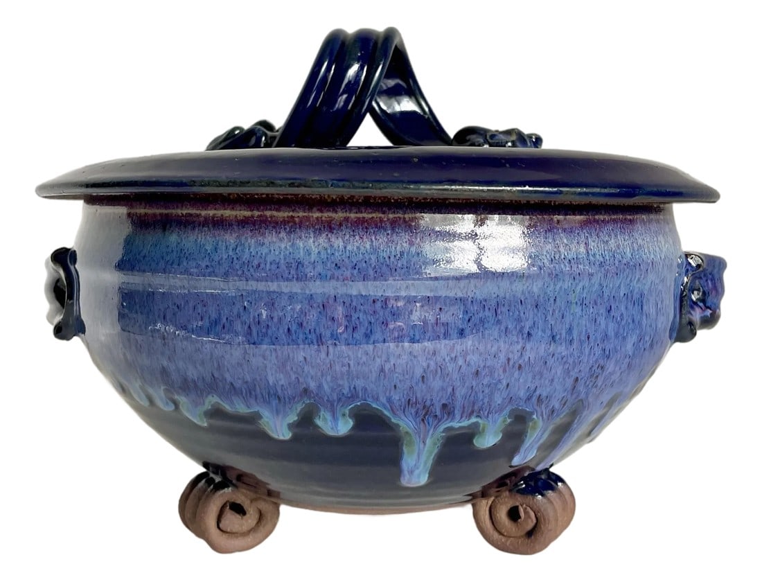 1970's Fabrile Studios Blue Glazed Lidded Pottery Dish: Here is an artistic studio pottery lidded dish that dates to the 1970's and was produced by Fabrile Studios in Big Bear, Ca, a respected mid-century West Coast pottery studio known for its richly
