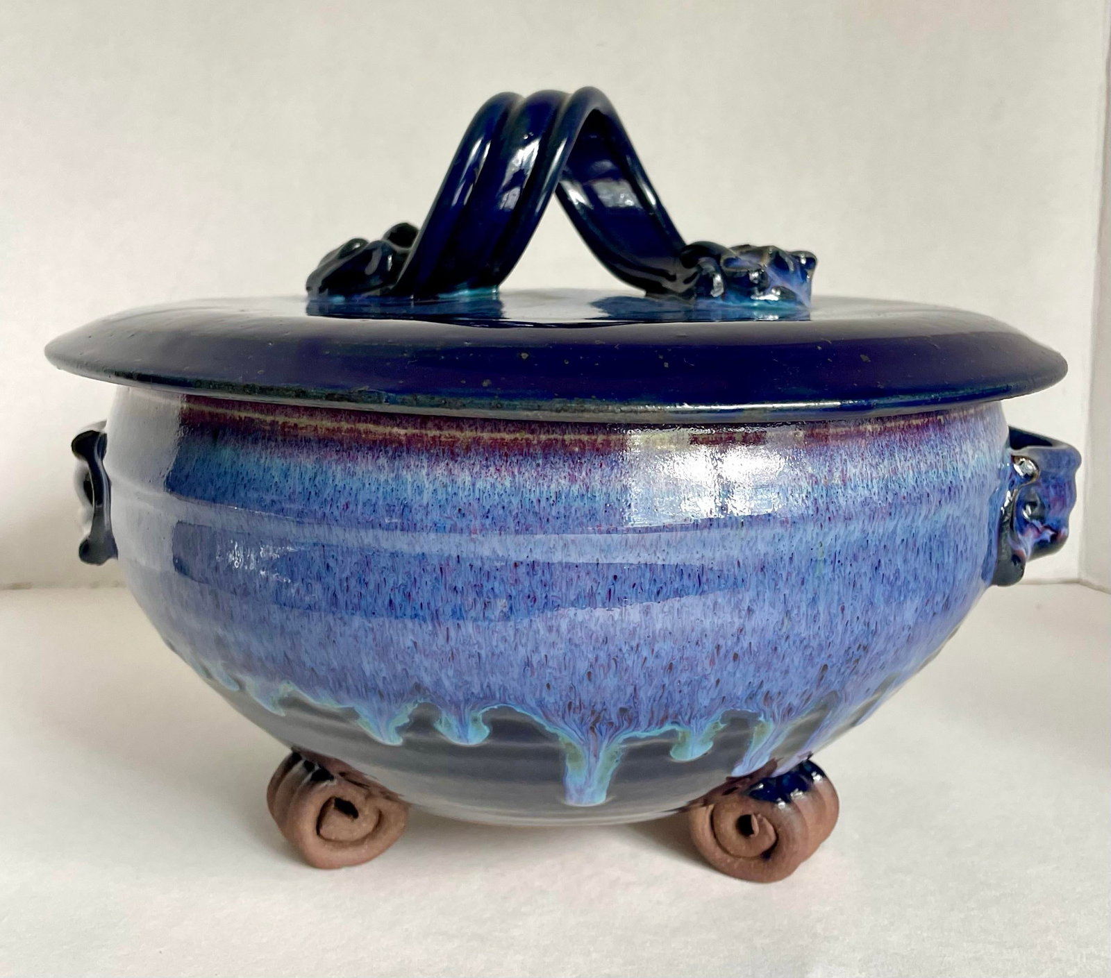1970's Fabrile Studios Blue Glazed Lidded Pottery Dish - 2
