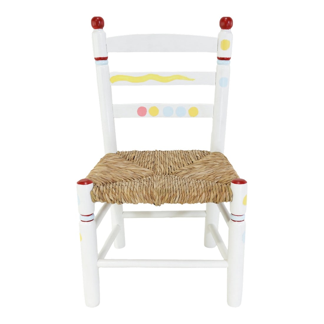 Vintage Hand-Painted Children's Chair With Hand-Woven Reed Seat: This charming vintage children's chair features a white-painted wooden frame decorated with cheerful, multi-colored hand-painted details, including playful dots and waves in yellow, red, and blue. It 