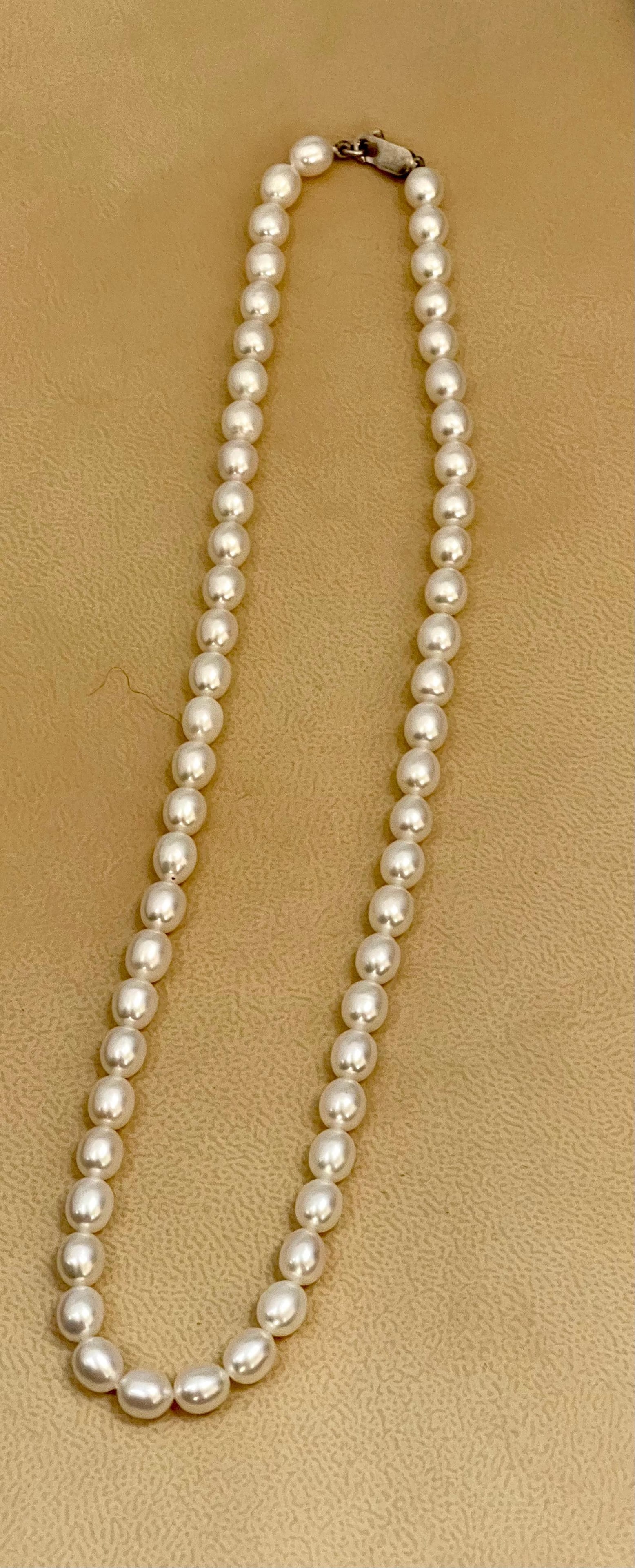 Fresh Water Elongated Pearl Single Strand Necklace, Silver Clasp - 14