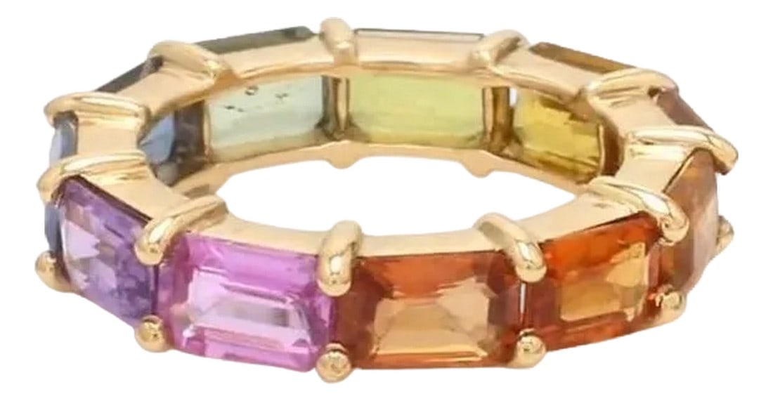 Natural 7.15 cts rainbow sapphire band ring in 14k gold: Rainbow sapphire emerald cut east west eternity band ring gold Natural 4MM wide rainbow sapphire eternity band gold Rainbow ring gold GEMSTONE DETAILS : âœ¦ Gemstone : Rainbow Sapphire