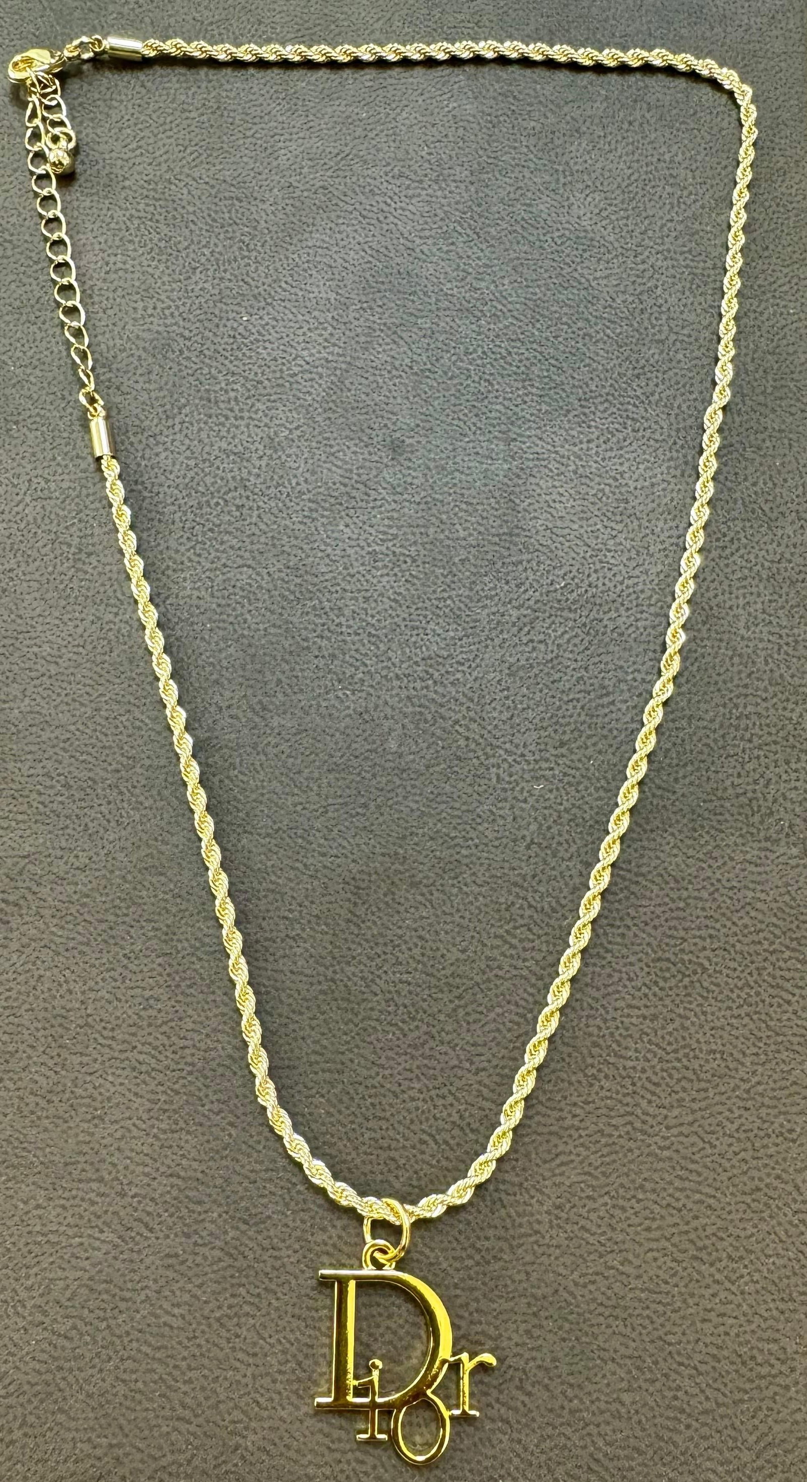 Authentic Christian DIOR Repurposed Charm Pendant Necklace Logo Gold - 14