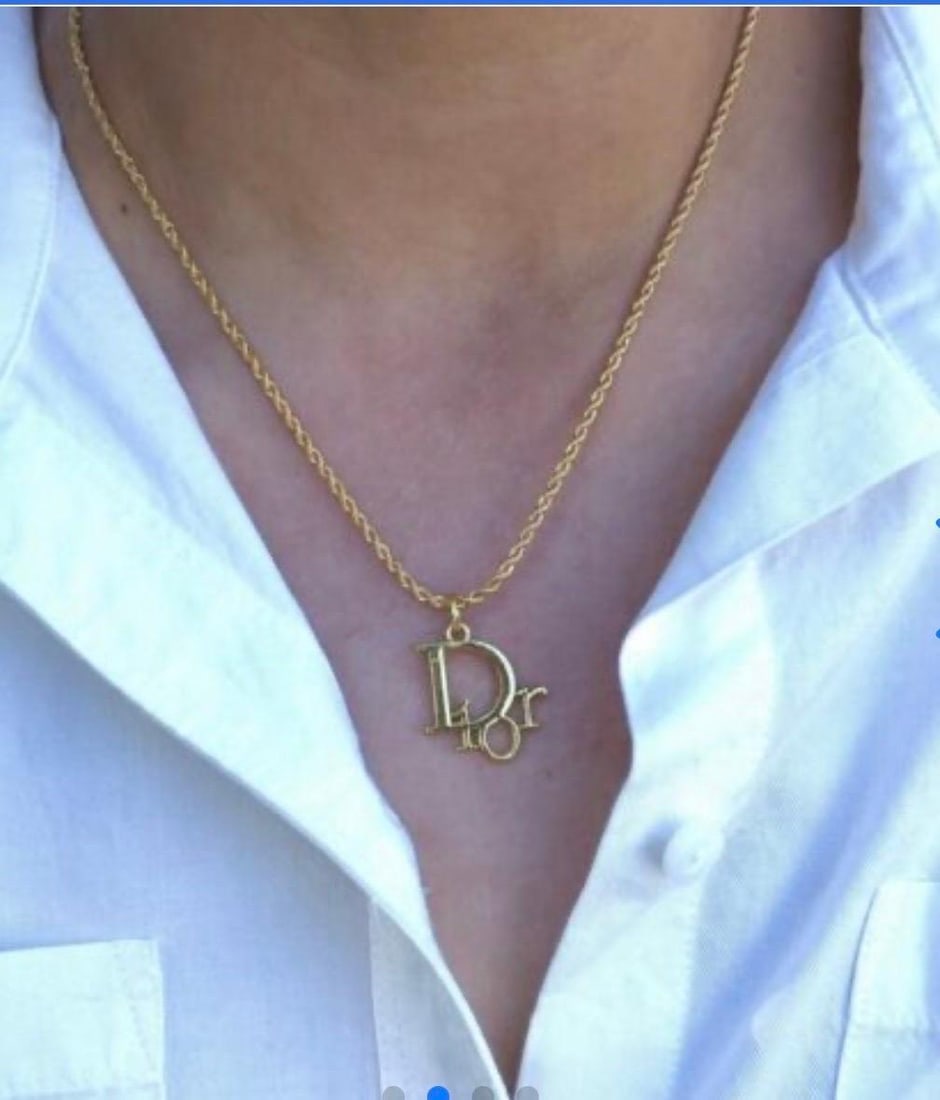 Authentic Christian DIOR Repurposed Charm Pendant Necklace Logo Gold - 17