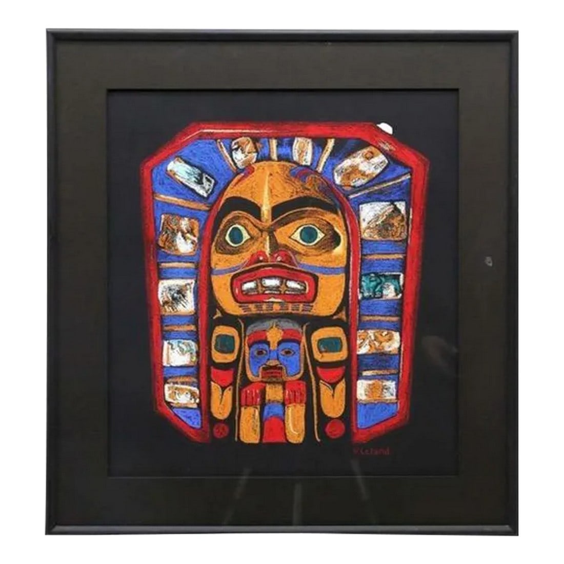 Vintage Sun Mask Pastel by Native Northwest Coast Artist V Leland, Framed: Framed pastel on paper, depicting Pacific Northwest Coast mask, signed lower right V. Leland. Dimensions sight: approx 22.25"h, 20"w overall: approx 29"h, 27"w Acquired at and estate auction in Texas 