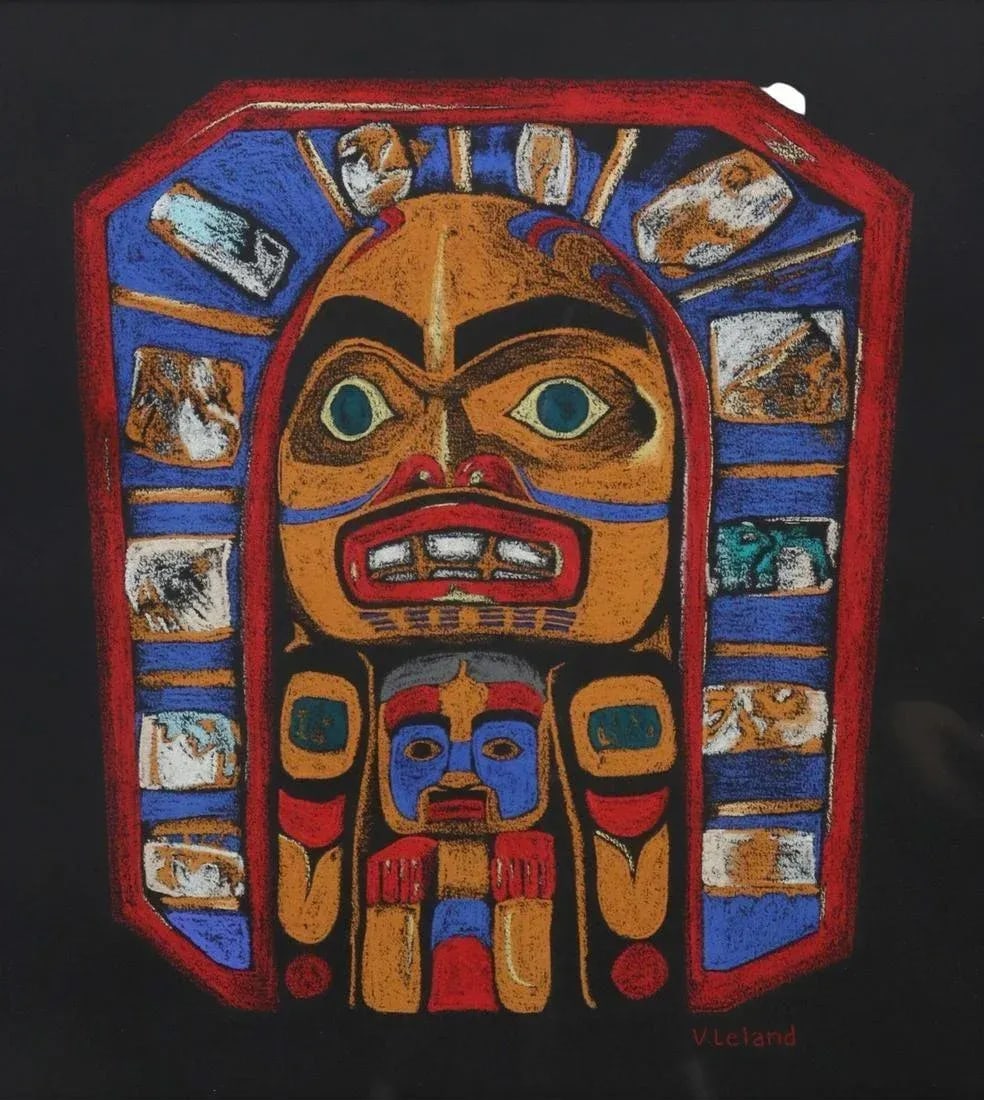 Vintage Sun Mask Pastel by Native Northwest Coast Artist V Leland, Framed - 3