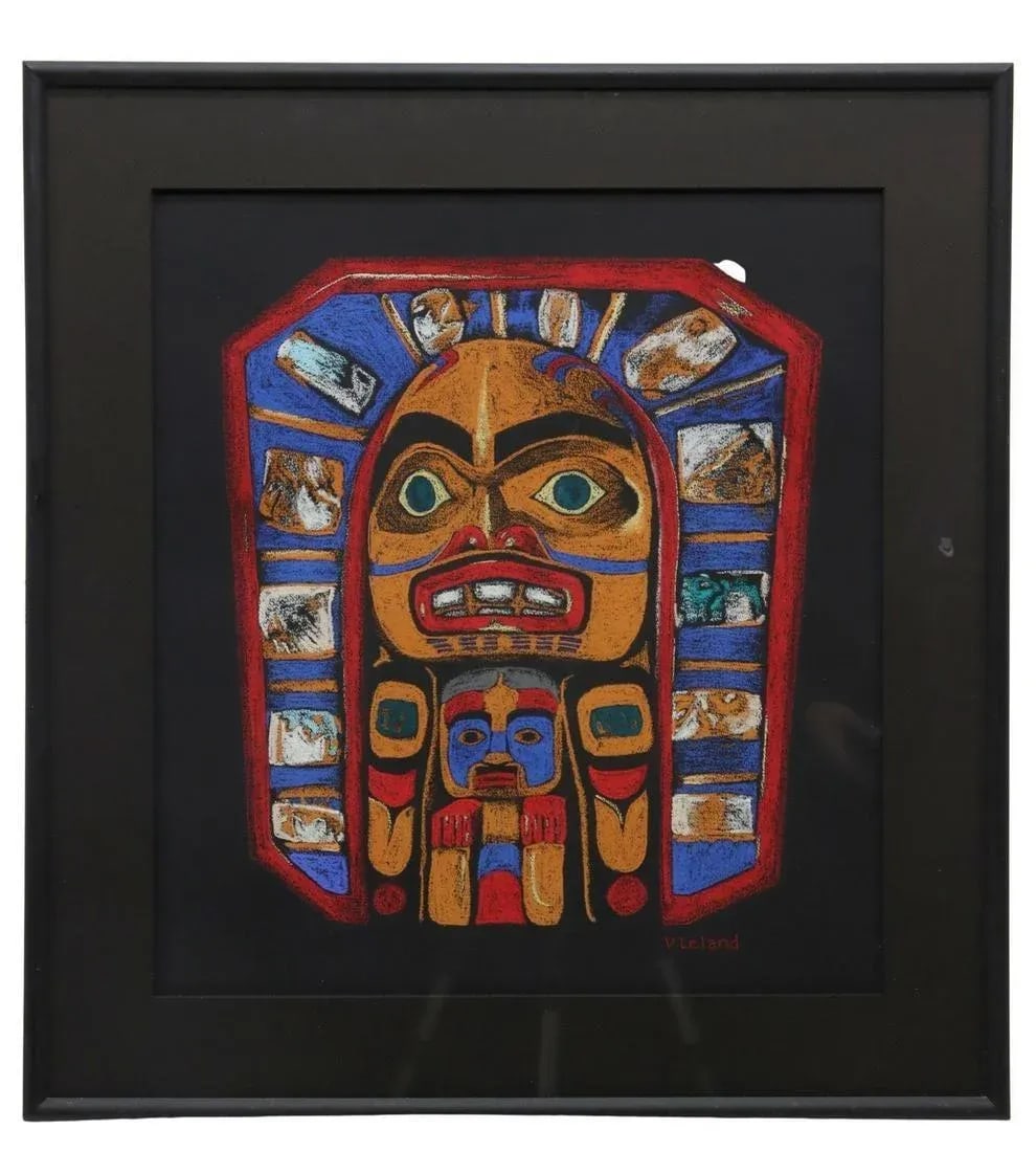 Vintage Sun Mask Pastel by Native Northwest Coast Artist V Leland, Framed - 6