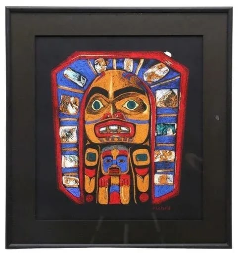 Vintage Sun Mask Pastel by Native Northwest Coast Artist V Leland, Framed - 7