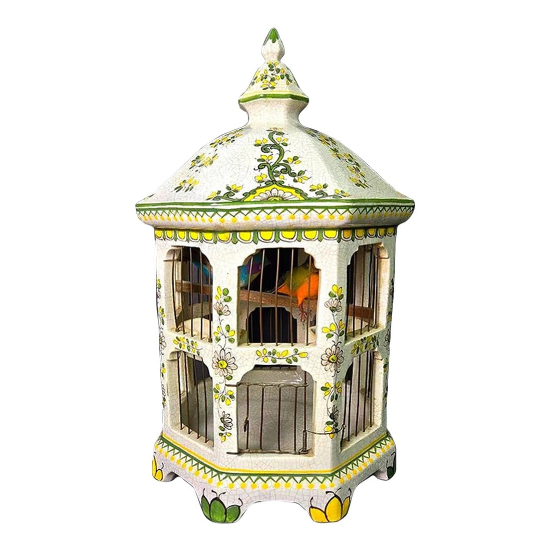 Vintage 18" Italian Majolica Pagoda Birdcage With Birds – Crackle Glaze Florals: Magnificent mid-century Italian hand-painted majolica birdcage in the most sought-after octagonal pagoda form, standing a dramatic 18 inches tall. Executed in classic tin-glazed earthenware with a
