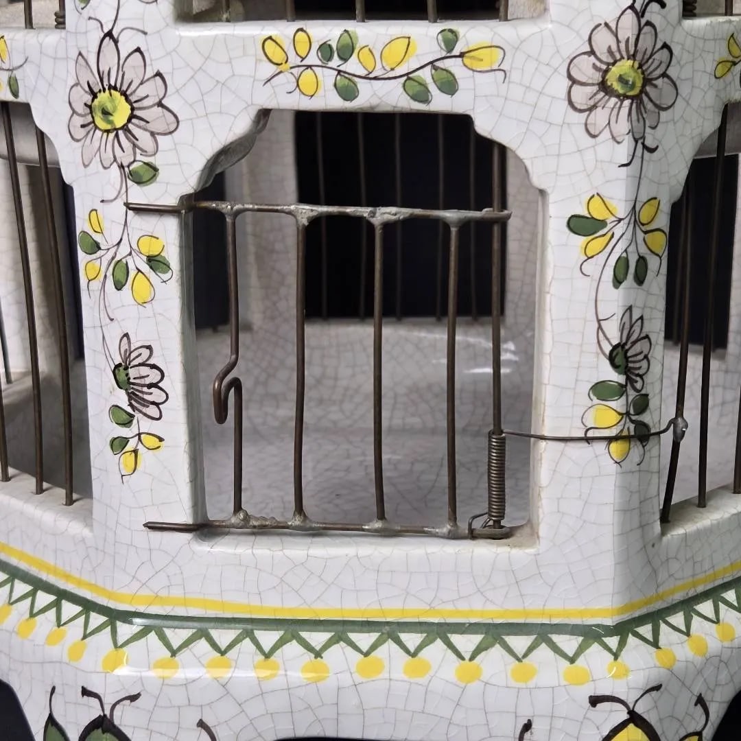 Vintage 18" Italian Majolica Pagoda Birdcage With Birds – Crackle Glaze Florals - 3