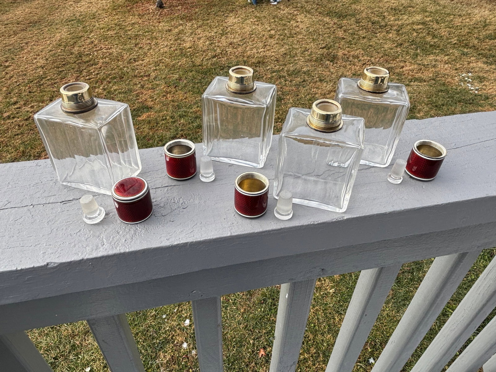 19th C. Red Guilloche Enamel, Sterling and Crystal Vessels - Set of Four Large Fragrance Bottles - 6