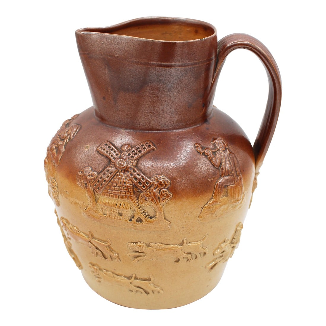 Late 19th Century Royal Doulton, Lambeth, London Stoneware Jug: Late 19th century Royal Doulton, Lambeth, London stoneware jug. Molded, applied handle smartly decorated with faux screws & acanthus leaves. Around the body hounds give chase to a stag with hunter on 