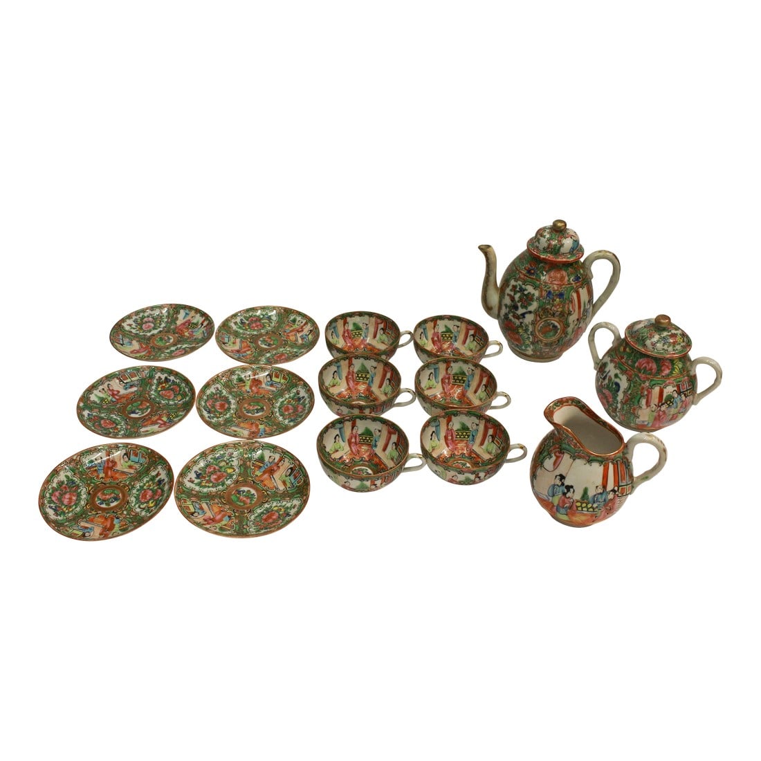 Circa 1891-1911 Chinese Export Rose Medallion Porcelain Tea Service: Circa 1891-1911 Chinese export Rose Medallion porcelain tea service. Service for 6: cups & saucers, teapot, covered sugar & cream jug; each piece marked "China". C-scroll bamboo handles. Minor origina